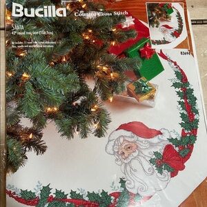 Bucilla Santa and Holly Cross Stitch Kit-Santa-Tree Skirt